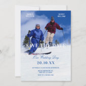 Blauwe witte winter ski bruiloft foto save the date (Voorkant)