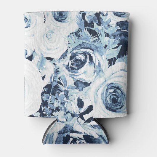 Blauwe Witte WinterFloral Rozen Shabby Chic Blikjeskoeler (Voorkant)