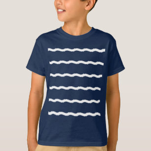 Blauwe witte zeeen golven strepen nautisch patroon t-shirt
