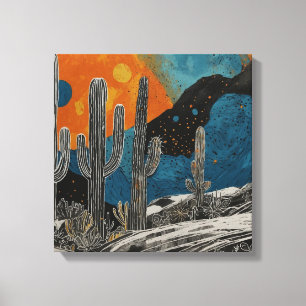 Blauwe woestijncactus Waterverf muurkunst Canvas Afdruk