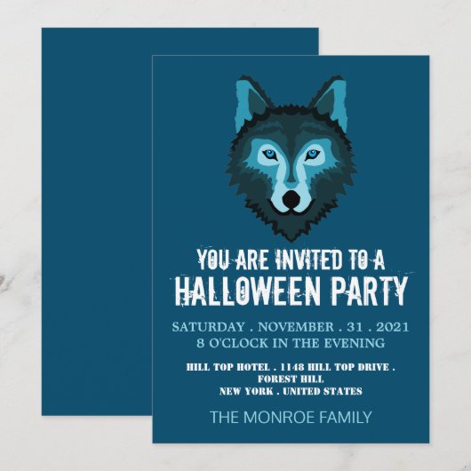 Blauwe Wolf, Halloween Party Kaart (Voorkant / Achterkant)