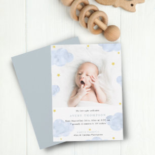 Blauwe Wolken Baby Jongen Foto Geboorte Aankondigi Kaart