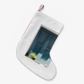 BLAUWE WOODEN DEUR OP WITTE CONCRETE WAL KLEINE KERSTSOK (Voorkant (Hangend))