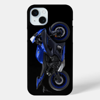Blauwe Yamaha Yzf-R7 motorfiets iPhone 15 Mini Hoesje