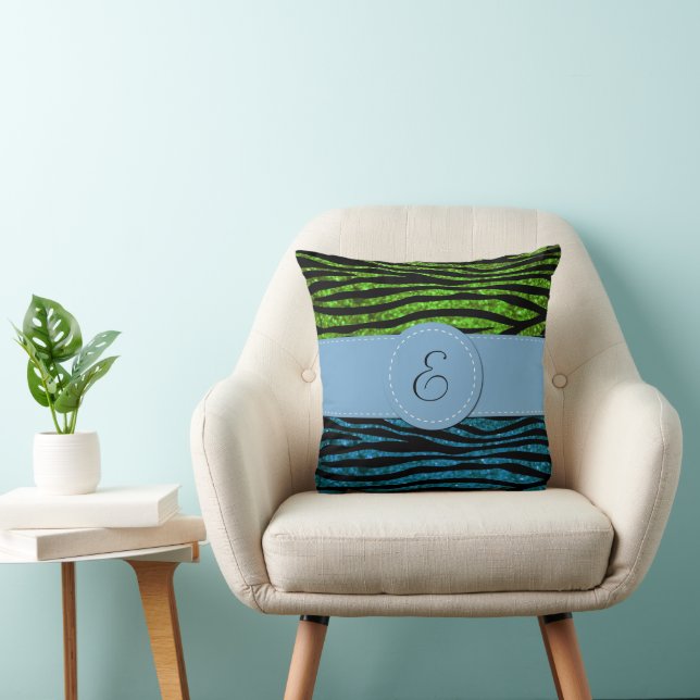 Blauwe Zebra, Groene Zebra, Glitter Zebra, Monogra Kussen (Stoel)