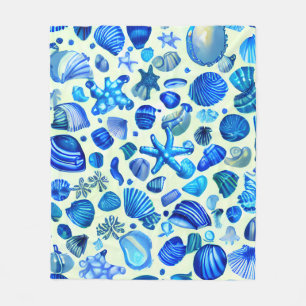 Blauwe zee schelpen en oceaanpatroon fleece deken
