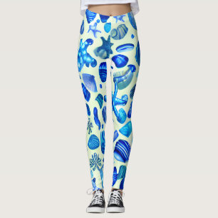 Blauwe zee schelpen en oceaanpatroon leggings