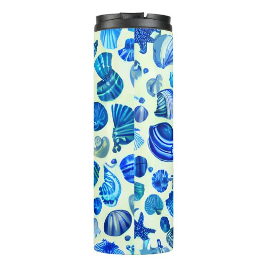 Blauwe zee schelpen en oceaanpatroon thermosbeker (Achterkant)