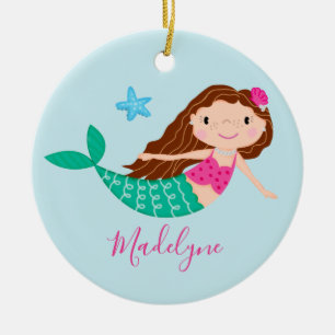 Blauwe Zeemeermin Kerst Script Naam Keramisch Ornament