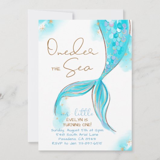 Blauwe Zeemeermin Staart 1e Verjaardag ONEder Het Kaart (Voorkant)