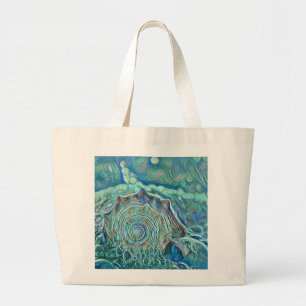 Blauwe zeeschelp in het schuimende zee schilderij grote tote bag