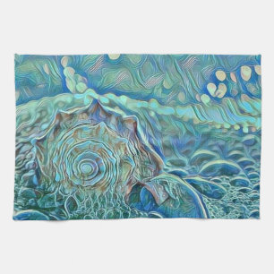 Blauwe zeeschelp in het schuimende zee schilderij theedoek