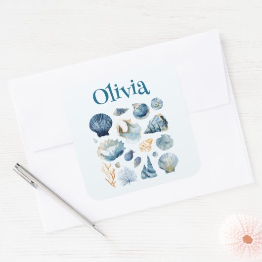 Blauwe Zeeschelp Sticker | Aangepaste Naam (Envelop)