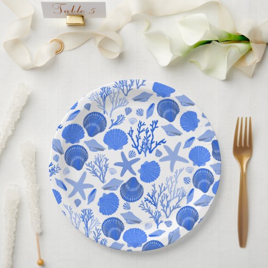 Blauwe Zeeschelpen en Koraalpatroon Strand Papieren Bordje (Huwelijk)