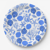 Blauwe Zeeschelpen en Koraalpatroon Strand Papieren Bordje (Voorkant)