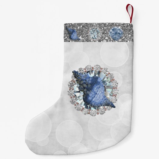 Blauwe zeeschelpen Jewel Silver Bokeh & Faux Glitt Kleine Kerstsok (Achterkant)