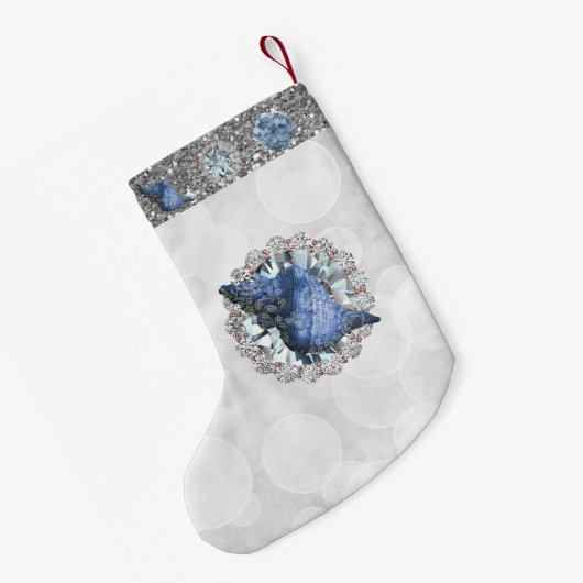 Blauwe zeeschelpen Jewel Silver Bokeh & Faux Glitt Kleine Kerstsok (Achterkant (Hangend))