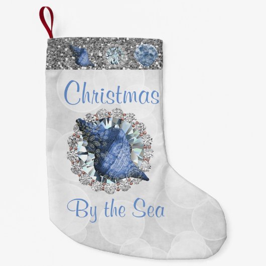 Blauwe zeeschelpen Jewel Silver Bokeh & Faux Glitt Kleine Kerstsok (Voorkant)