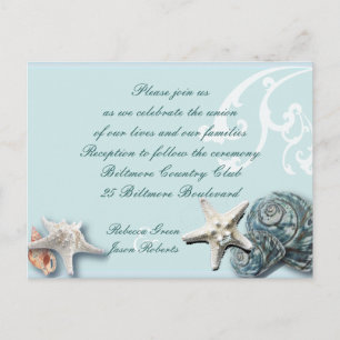 Blauwe zeeschelpen Strand bruiloft Receptie kaarte Briefkaart