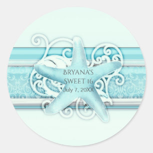 Blauwe Zeester Elegant Strand Bruiloft Favor Ronde Sticker