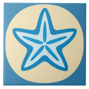 Blauwe Zeester in Gele Cirkel Tegeltje
