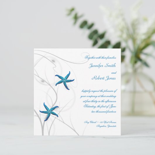 Blauwe zeester met zilveren koraal bruiloft uitnod kaart (Staand voorkant)