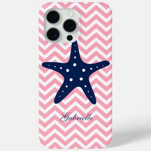 Blauwe zeester op roze Chevrons Patroon Case-Mate iPhone Case (Achterkant)