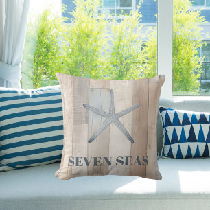 Blauwe zeester rustieke beige driftwood tekst kust kussen