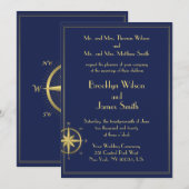 Blauwe Zeevaart Trouw Uitnodigingen Gouden Kompas (Voorkant / Achterkant)