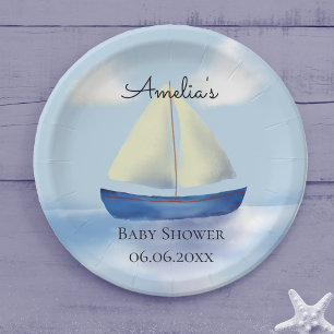 Blauwe Zeilboot Persoonlijke Baby Shower Papieren Bordje