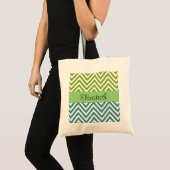 Blauwe zigzag, groene zigzag, Chevron, Jouw naam Tote Bag (Voorkant (product))