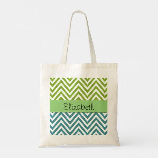Blauwe zigzag, groene zigzag, Chevron, Jouw naam Tote Bag (Achterkant)