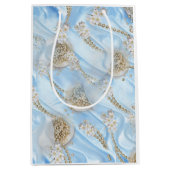 Blauwe Zijde en Ivory Champaign Pearls Medium Cadeauzakje (Voorkant)