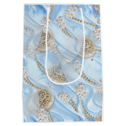 Blauwe Zijde en Ivory Champaign Pearls Medium Cadeauzakje (Achterkant)
