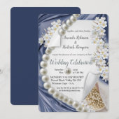 Blauwe zijde & Ivoren Parels Trouwen Kaart (Voorkant / Achterkant)