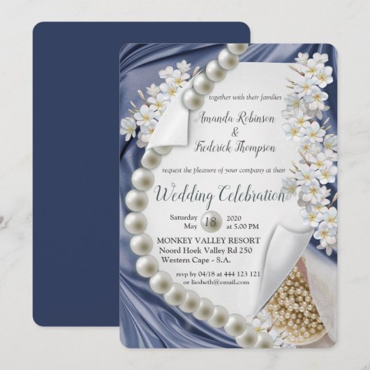 Blauwe zijde & Ivoren Parels Trouwen Kaart (Voorkant / Achterkant)