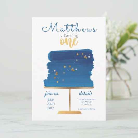 Blauwe, zilver en gouden uitnodiging voor eerste v (Staand voorkant)