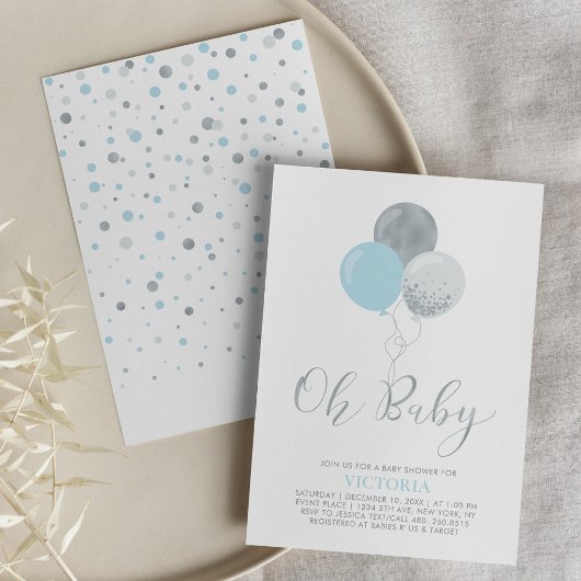 Blauwe & Zilveren Ballonnen | Oh Baby Boy Baby Sho Kaart