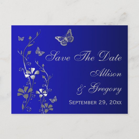 Blauwe, zilveren vlinders Sla het Date Briefkaart  (Voorkant)