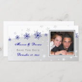 Blauwe, zilvergrijze bruiloft met sneeuwvlokken save the date (Voorkant / Achterkant)