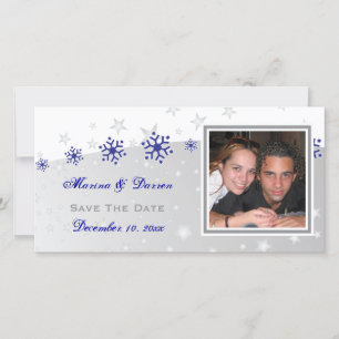 Blauwe, zilvergrijze bruiloft met sneeuwvlokken save the date