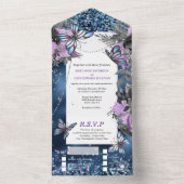 Blauwe zilvervlinder paarse roos glamour all in one uitnodiging (Binnen)