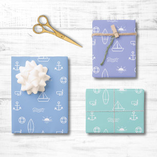 Blauwe Zomer Ocean Line Art Naadloos Patroon Inpakpapier Vel