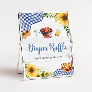 Blauwe Zonnebloem BBQ Baby shower Luier Raffle Poster