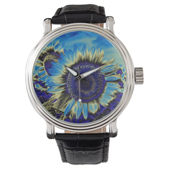 Blauwe zonnebloem horloge (Voorkant)