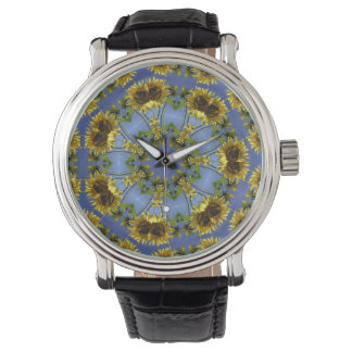 Blauwe zonnebloem Kaleidoscoop  lederen riem Horloge
