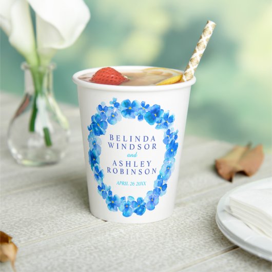 Blauwe zonnebloem met waterverf bruiloft papieren bekers (Insitu)