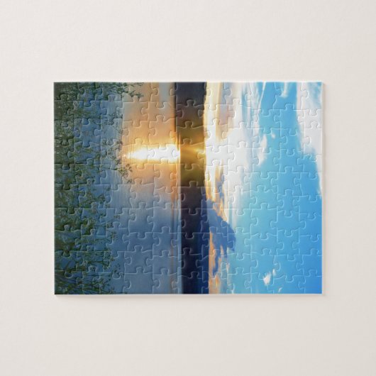 Blauwe zonsondergang op het meer legpuzzel (Horizontaal)