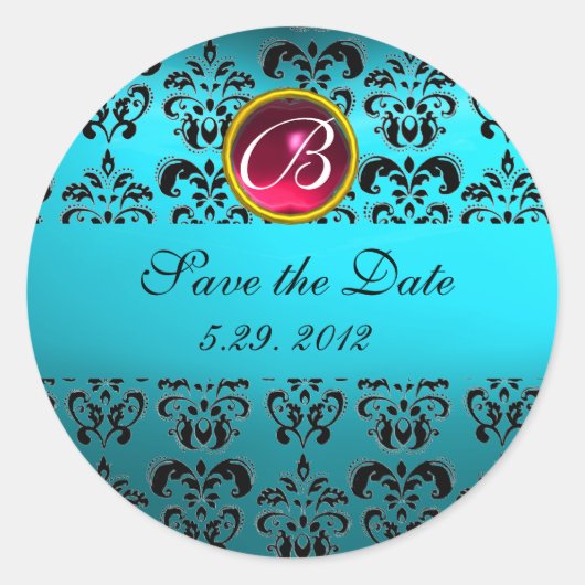 BLAUWE ZWARTE DAMASKMONOGRAM, rode doorbraakturqua Ronde Sticker (Voorkant)
