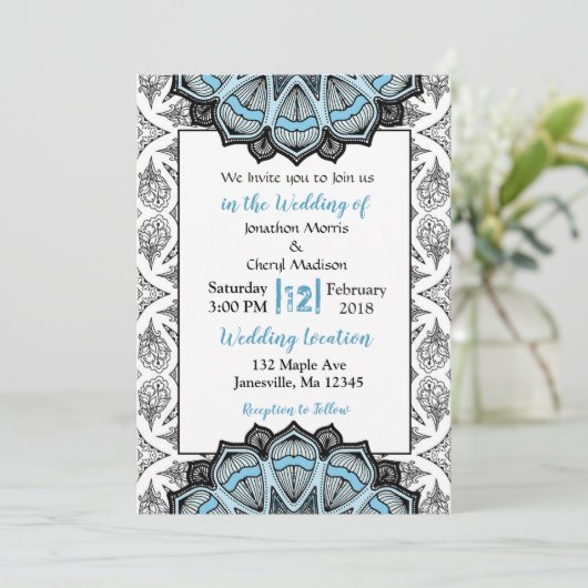 Blauwe, zwarte en witte bruiloft kaart (Staand voorkant)